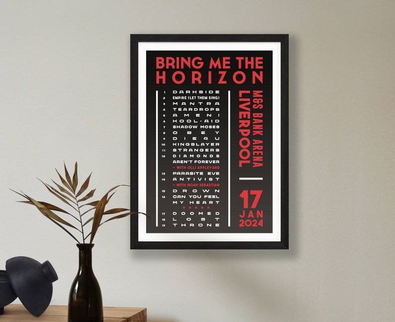 Bring Me The Horizon 2024 UK Setlist Poster Print Gigs Concert Tour Live Band Retro Vintage Design Set List Gift Liverpool 17/01/24