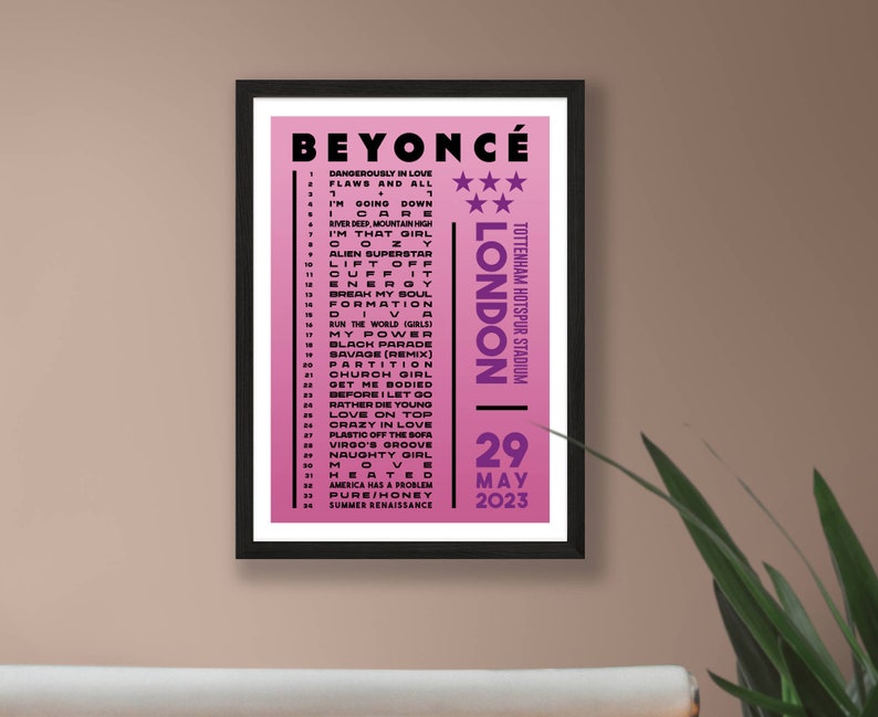 Beyonce 2023 Setlist Poster Prints UK Gig Concert Tour London Live Retro Vintage Design Set List Gift London 29/05/23
