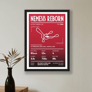 May include: Framed poster with a red background. The poster features the text "NEMESIS REBORN" and ride statistics. It includes a track layout, max speed of 81km/h, height of 13m, and 4 inversions. The maker is Bolliger & Mabillard.