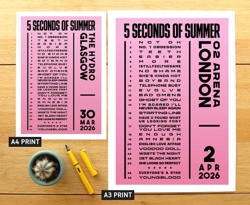 5 Seconds of Summer 2026 UK Tour Setlist Poster Print – gigs Concert