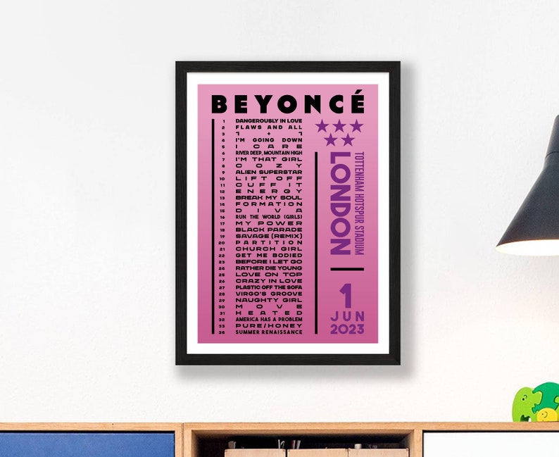 Beyonce 2023 Setlist Poster Prints UK Gig Concert Tour London Live Retro Vintage Design Set List Gift London 01/06/23