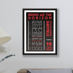 Bring Me The Horizon 2024 UK Setlist Poster Print Gigs Concert Tour Live Band Retro Vintage Design Set List Gift Sheffield 19/01/24