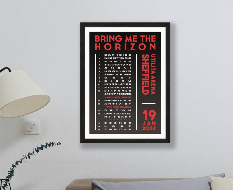 Bring Me The Horizon 2024 UK Setlist Poster Print Gigs Concert Tour Live Band Retro Vintage Design Set List Gift Sheffield 19/01/24
