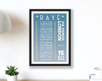 Raye 2024 Setlist Poster Print – UK Gig Concerts Tour O2 Arena – Live Retro Vintage Design Set List