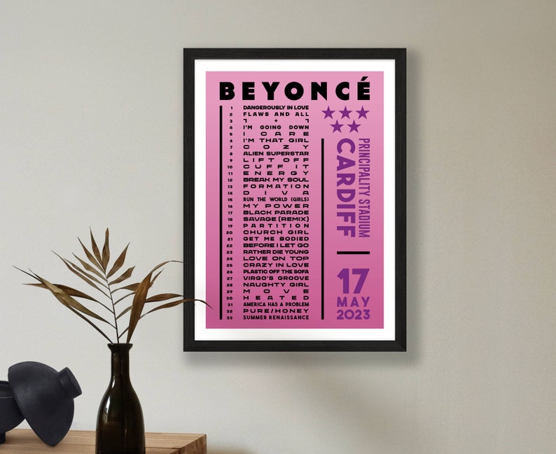 Beyonce 2023 Setlist Poster Prints UK Gig Concert Tour London Live Retro Vintage Design Set List Gift Cardiff 17/05/23