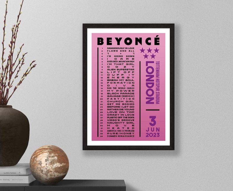 Beyonce 2023 Setlist Poster Prints UK Gig Concert Tour London Live Retro Vintage Design Set List Gift London 03/06/23