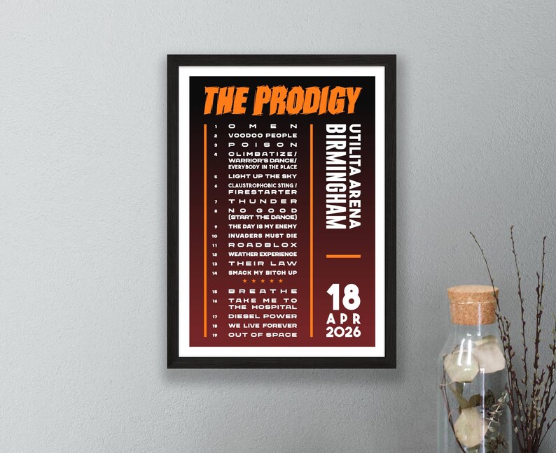 Setlist Frame The Prodigy 2026 UK Tour Setlist Poster Print – gigs Concert Arena Live ...