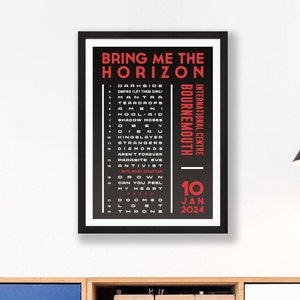 Bring Me The Horizon 2024 UK Setlist Poster Print Gigs Concert Tour Live Band Retro Vintage Design Set List Gift Bournemouth 10/01/24