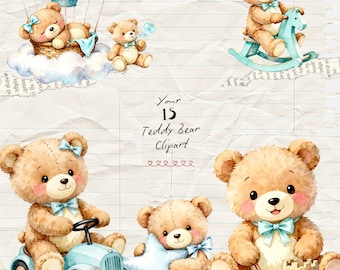 Aquarel teddybeer clipart, blauwe baby knuffels png-bundel, schattige kinderkamer teddy-graphics, digitale download