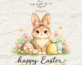 Happy Easter Bunny png, Coquette Retro Girly Pasen png, Pasen Kids Bow, lente bloemen png, digitale download
