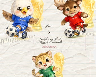 World Cup 2026 Cute Animal Soccer PNG Bundle | Storybook Football Animals Clipart | WC Eagle Moose Jaguar Mascot Design PNG