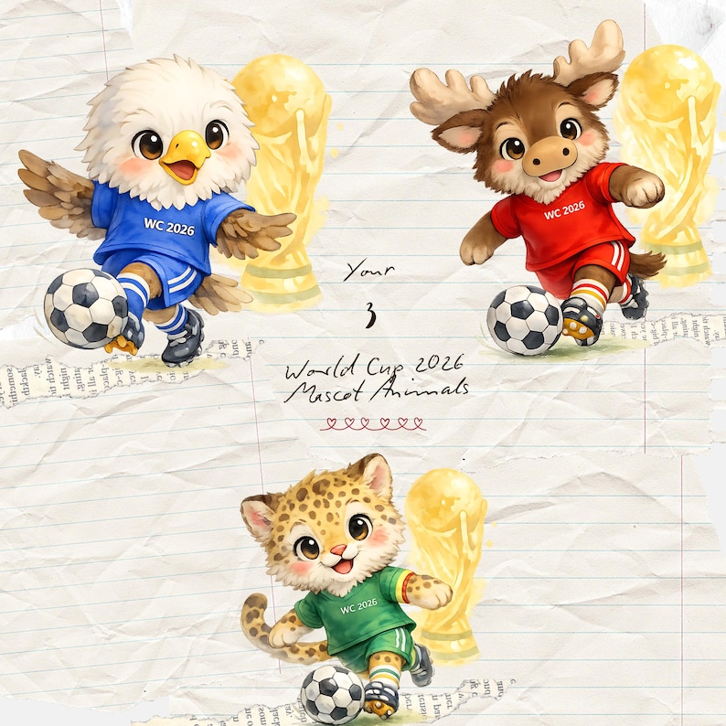 World Cup 2026 Cute Animal Soccer PNG Bundle | Storybook Football Animals Clipart | WC Eagle Moose Jaguar Mascot Design PNG