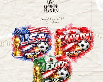 Może przedstawiać: Grafika z flagami USA, Kanady i Meksyku, piłkami nożnymi i tekstem 'World Cup 2026'. Każda flaga ma złoty puchar. Tekst 'Your USA CANADA MEXICO' znajduje się na górze. Na tle papieru w linie.