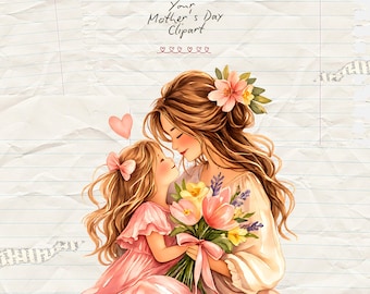 Aquarel Moederdag clipart png, moeder en dochter knuffel illustratie, verhalenboek bloemen graphics, sublimatie design, digitale download