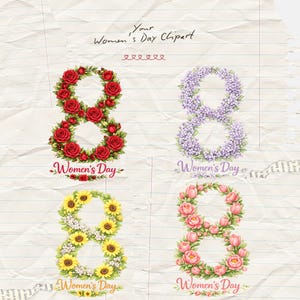 Puede incluir: Cuatro diseños florales del número ocho para el Día de la Mujer. Los números están hechos de rosas rojas, lilas moradas, girasoles amarillos y tulipanes rosas. Cada diseño tiene el texto "Women's Day" debajo.