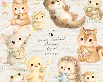 Grillige bosdieren bloemen clipart: lente kinderkamer graphics (digitale download-16 png-bestanden)