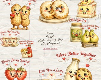 10 vintage food-valentijnskaarten-clipartbundel, retro-valentijnskaarten (commercieel gebruik, 300 dpi)