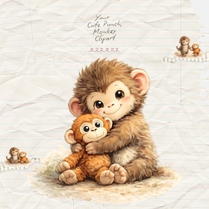 May include: A digital illustration featuring two cartoon monkeys. A larger, brown monkey embraces a smaller, orange monkey. The image includes the text "Your Cute Punch Monkey Clipart". The background is a textured, lined paper.