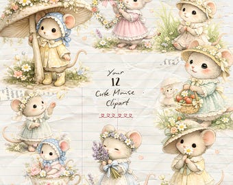Schattige muis bloemen clipart, lente muizen graphics, sublimatie ontwerp (digitale download-12 png's)
