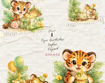 Tijger verjaardagsfeestje clipart, safari verjaardagsbundel png, aquarel baby tijger graphics, decor kinderfeest, digitale download
