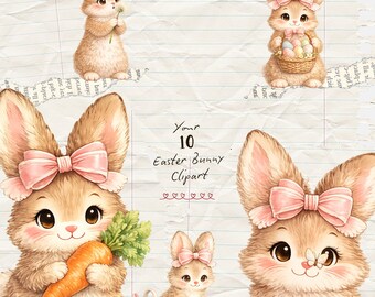 Aquarel paashaas clipartbundel png – 10 lente konijn graphics, verhalenboek babykonijn met strik, pastel paaseieren, digitale download