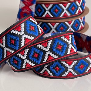 Galon geometric pattern blue white red embroidered ribbon jacquard ethnic pattern jacquard style braid 25 mm ethnic pattern border