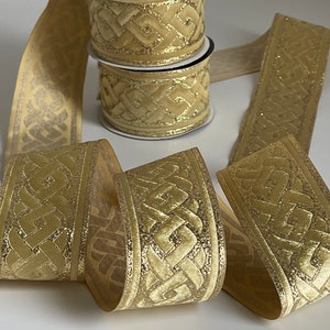 Gouden middeleeuwse vlecht Keltisch vlechtpatroon Keltisch lint 50 mm gouden middeleeuwse rand 50 mm ambachtelijke rand gevlochten jacquard geborduurd lint afbeelding 6