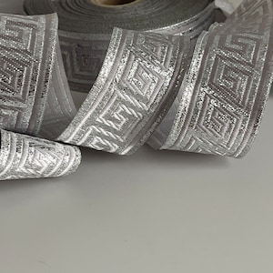 Medieval braid, Greek key pattern ribbon 35mm ribbon theatrical ribbon border Greek key pattern woven jacquard metallic gray