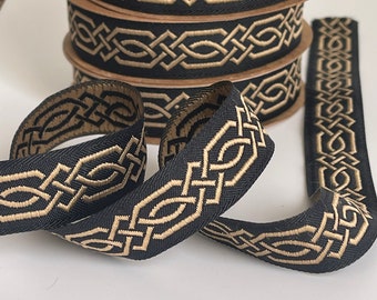 Galon médiéval motif tresse celtique ruban médiéval 20 mm galon brodé jacquard noir et doré bordure médiévale noire et argenté