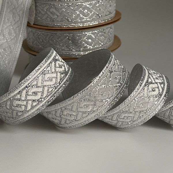 Galon médiéval motif tresse celtique,ruban argenté motif tressé,ruban médiéval 22 mm métallisé galon motif tresse lurex