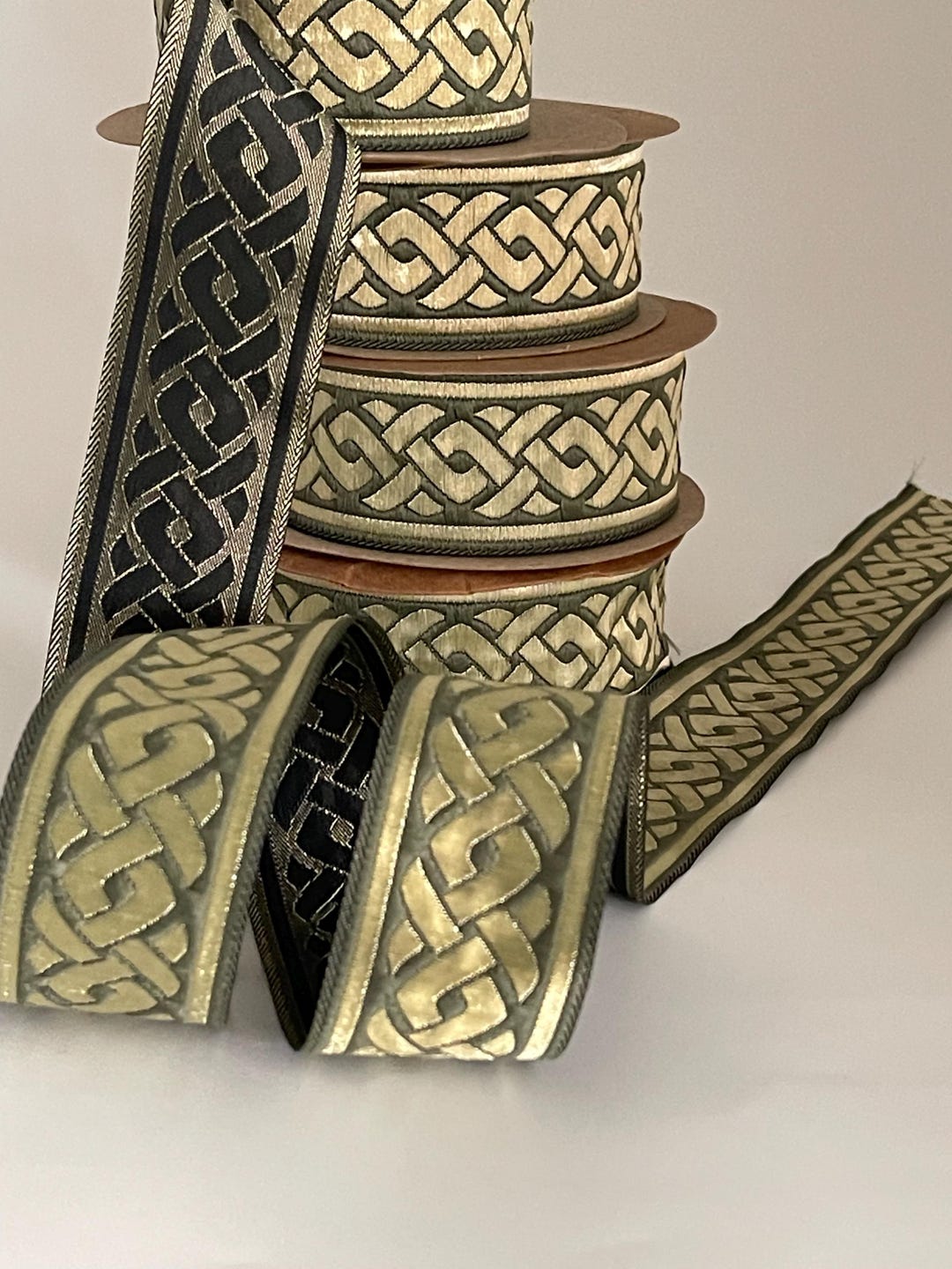 Green and Gold Embroidered Ribbon With Celtic Braid Pattern, Width 33 ...