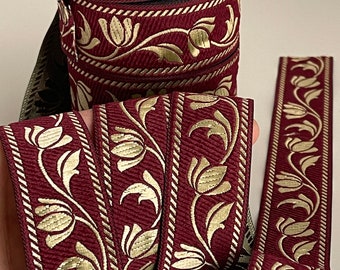 Bordeaux en goud middeleeuwse vlecht tulpenpatronen theatrale vlecht middeleeuwse rand geweven jacquard jacquard geborduurd lint 35 mm theatraal lint