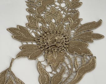 Lace appliqué, 3D embroidered gold appliqué with double floral motif, sew-on appliqué for formal dresses and caftans, 30 cm x 15 cm