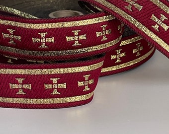 Liturgical gold cross ribbon on burgundy background liturgical border gold cross ribbon 28 mm burgundy and gold Church braid