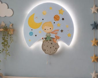 Little Boy Night Light | Moon Nursery Wall Lamp | LED Baby Room Decor | Wooden Wall Light