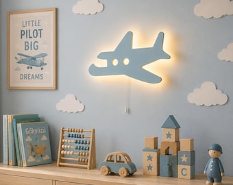 Airplane Wall Light for Nursery | Wooden Aviation Nightlight | Battery Powered LED Lamp for Kids Room | Aviation Theme Bedroom Decor