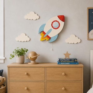 Rocket Wall Light for Nursery | Wooden Space Theme Night Light for Kids Room | Battery Powered LED Lamp | Baby Boy Room Decor