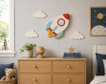 Rocket Wall Light for Nursery | Wooden Space Theme Night Light for Kids Room | Battery Powered LED Lamp | Baby Boy Room Decor