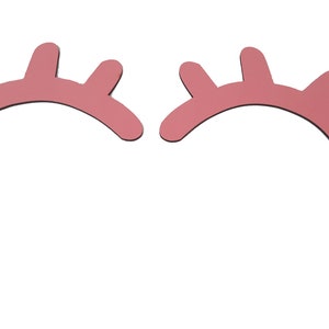 May include: Two pink wooden eyelashes, each with five points, are arranged in a pair, facing each other.