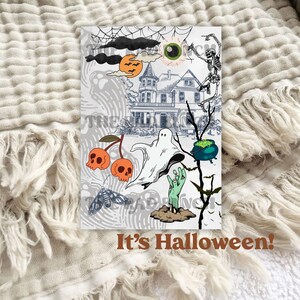 May include: A spooky Halloween illustration featuring a haunted house, a ghost, a cauldron, a skeleton, a creepy eye, and a skull with cherries. The text "It's Halloween!" is at the bottom of the image.
