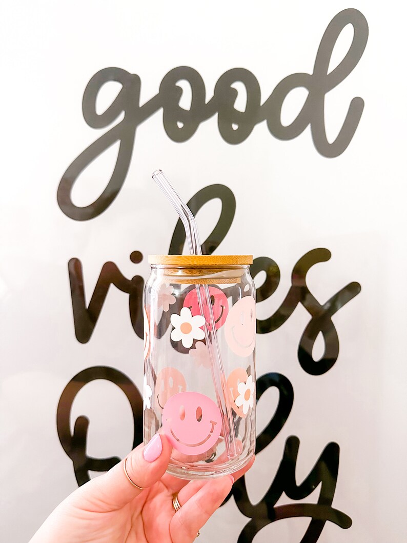 Retro Smileys Glass Can Cup With Lid and Straw Boho Style Etsy