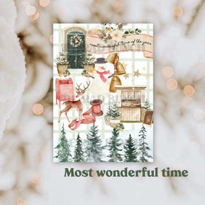 May include: A digital planner sticker sheet with a winter theme. The sheet features a snowman, a deer, a mailbox, a spool of thread, a Christmas tree, and a small building. The text "most wonderful time of the year" is written on the sheet.