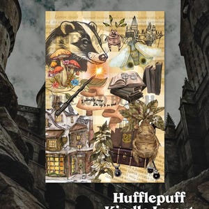 May include: A digital printable design for a Kindle insert featuring a collage of images related to the Hufflepuff house in the Harry Potter universe. The collage includes a badger, a mushroom, a book, a house, a mandrake, and a quote that says "I solemnly swear I'm up to no good."