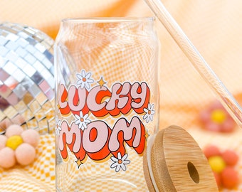 Lucky Mom Glass Can | Perfect Gift | Iced Coffee Cup | Glass Can | Cute Cup | Reteo Style | Coffee Gift  | Trendy Cup | Mothers Day Gift