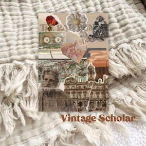 May include: A collage of vintage images, including a cassette tape, a flower, a butterfly, a building, and a man's face. The text "Vintage Scholar" is at the bottom of the image.