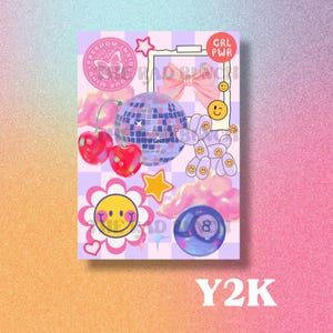May include: A digital collage featuring a disco ball, a smiley face, a pink bow, a cloud, a cherry, a star, a pink and white checkered background, and the text "GRL PWR" and "FREEDOM INSIDE YOUR MIND".