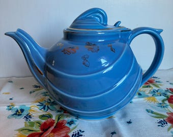 Tetera Art Déco Vintage Hall USA: Cerámica azul bígaro con pan de oro