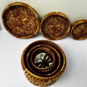 May include: A collection of woven brown baskets in various sizes. The set includes four round coasters and a stack of nested bowls. The bowls have a white and brown butterfly design in the center. The baskets are made of natural materials.