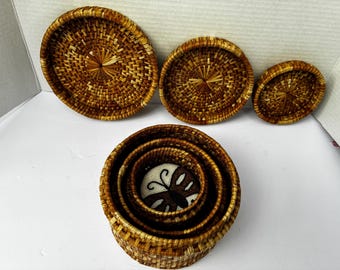 Vintage Hand Woven Seagrass Nesting Baskets  & Beaded Butterfly Coin Purse