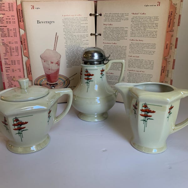 Vintage Royal Rochester Royalite Ceramic Sugar, Creamer & Syrup Red Poppy | Art Deco Era
